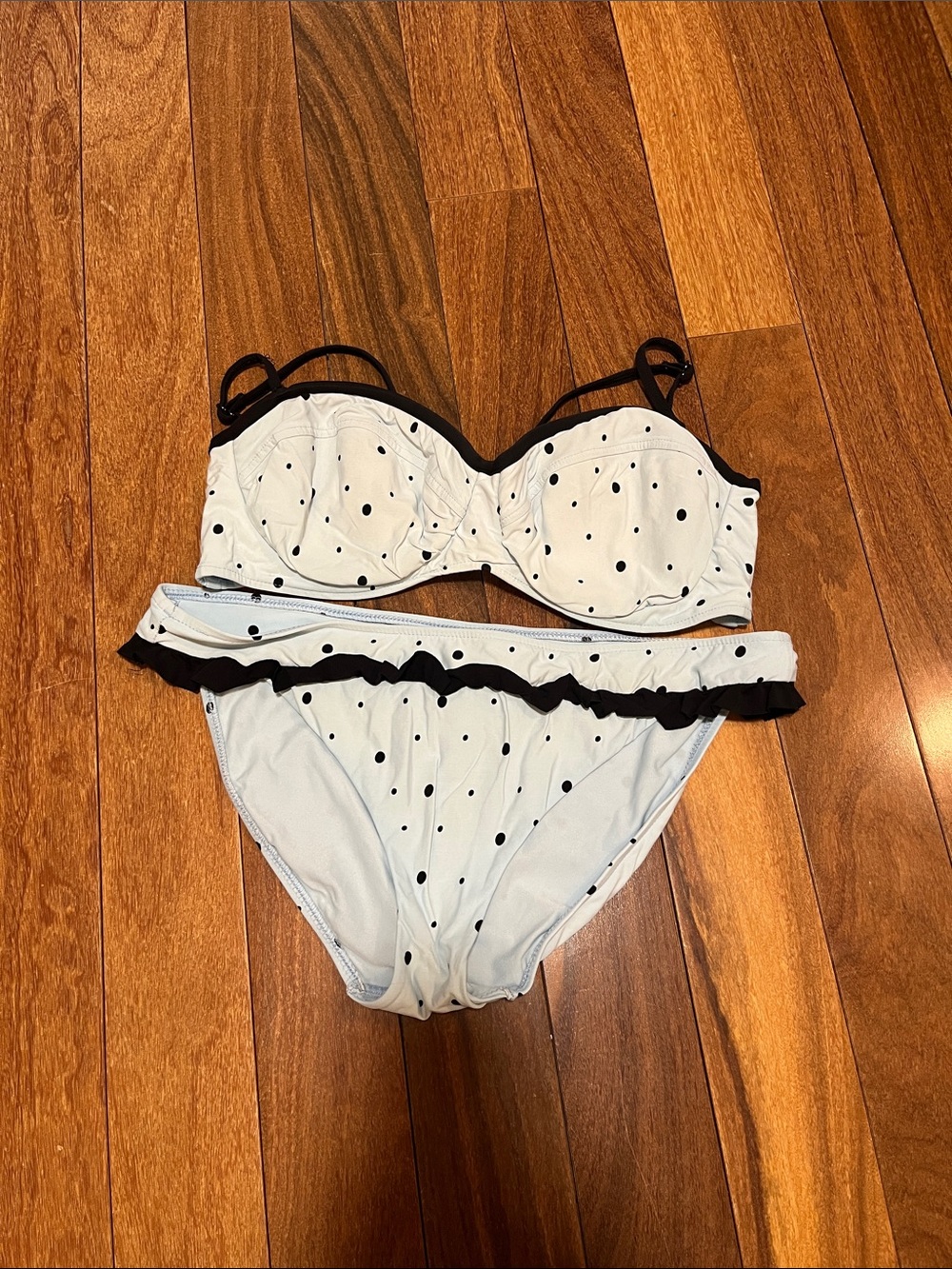 Seafolly Baby Blue Polka Dot Bikini with Black Trim and Ruffle